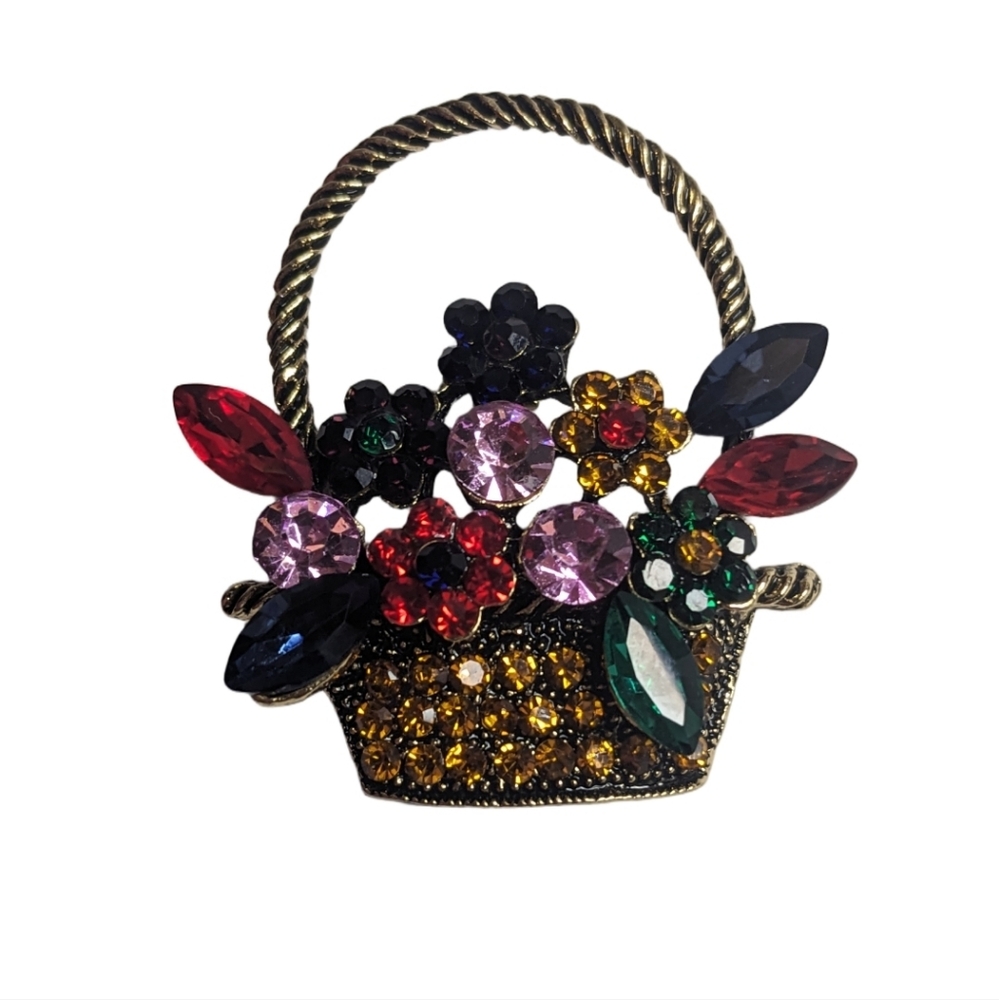 Vintage Multicolor Rhinestone Flower Basket Brooch‎